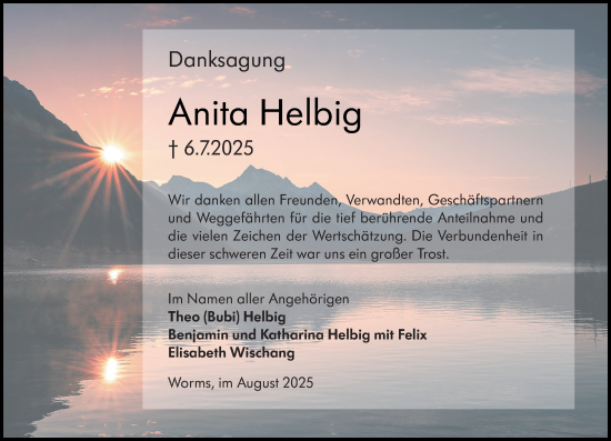 Traueranzeige von Anita Helbig von Wormser Zeitung