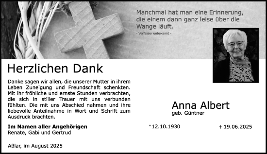 Traueranzeige von Anna Albert von Wetzlarer Neue Zeitung