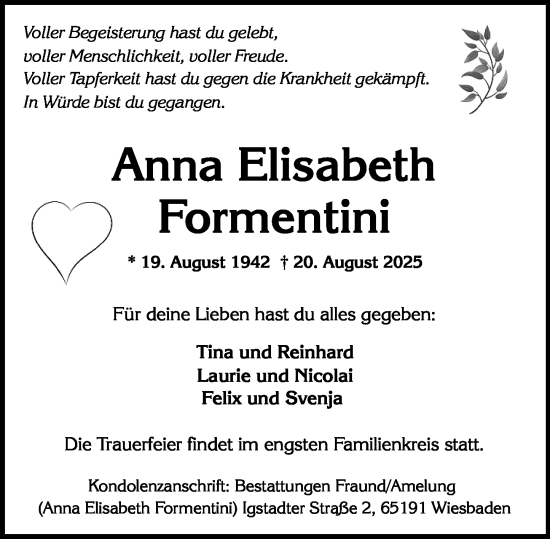 Traueranzeige von Anna Elisabeth Formentini von Wiesbadener Kurier