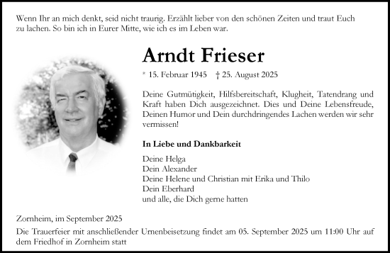 Traueranzeige von Arndt Frieser von Allgemeine Zeitung Mainz