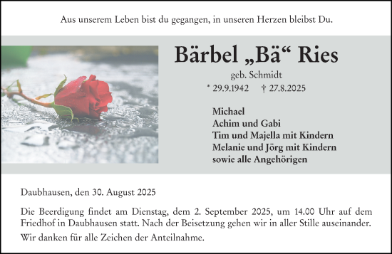 Traueranzeige von Bärbel Ries von Wetzlarer Neue Zeitung