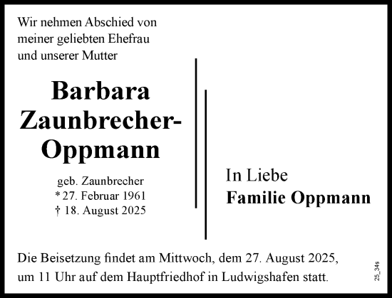 Traueranzeige von Barbara Zaunbrecher-Oppmann von Wormser Zeitung