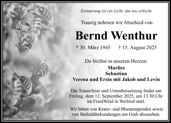Traueranzeige von Bernd Wenthur von Camberger Anzeiger