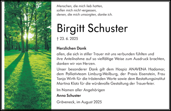 Traueranzeige von Birgitt Schuster von Weilburger Tageblatt