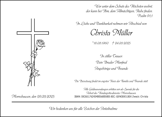 Traueranzeige von Christa Müller von Hinterländer Anzeiger