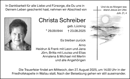 Traueranzeige von Christa Schreiber von Hinterländer Anzeiger