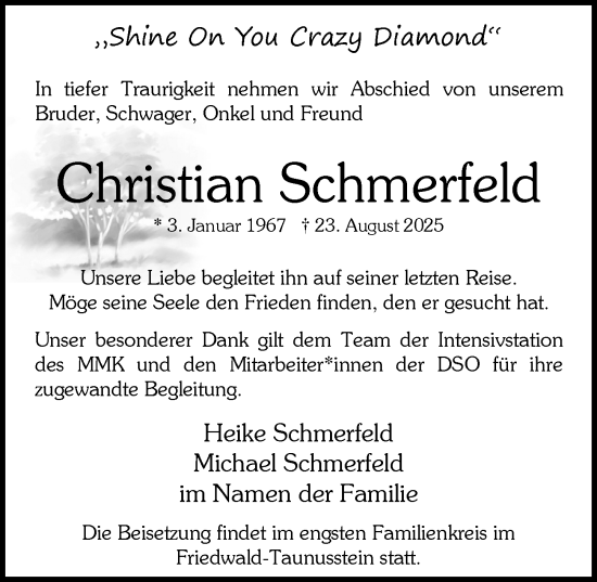 Traueranzeige von Christian Schmerfeld von Wiesbadener Kurier