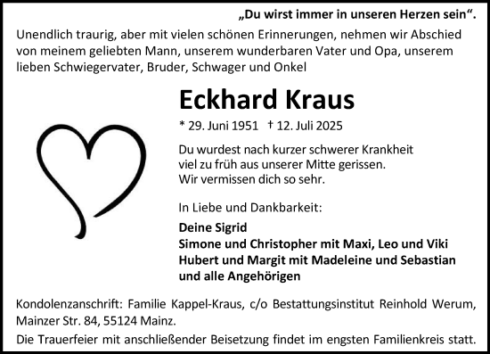 Traueranzeige von Eckhard Kraus von Allgemeine Zeitung Mainz