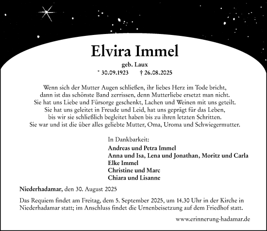 Traueranzeige von Elvira Immel von Nassauische Neue Presse
