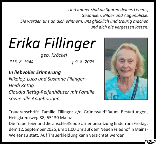 Traueranzeige von Erika Fillinger von Allgemeine Zeitung Mainz