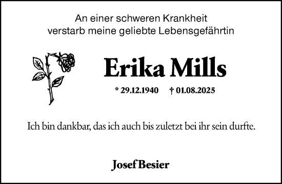 Traueranzeige von Erika Mills von Wiesbadener Kurier