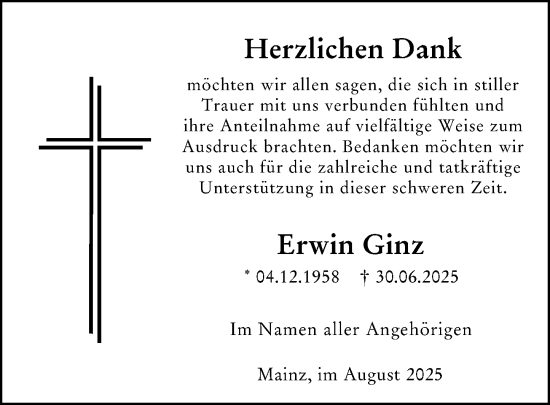 Traueranzeige von Erwin Ginz von Allgemeine Zeitung Mainz