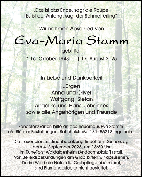 Traueranzeige von Eva-Maria Stamm von Allgemeine Zeitung Rheinhessen-Nahe
