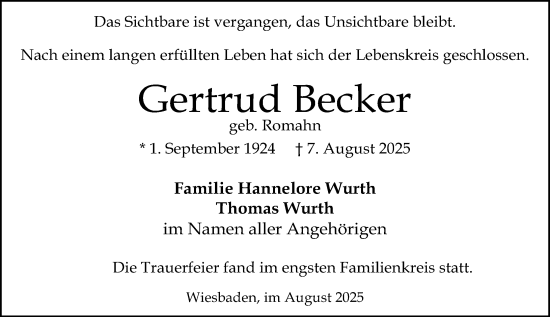 Traueranzeige von Gertrud Becker von Wiesbadener Kurier