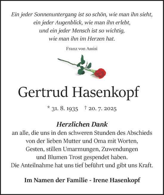 Traueranzeige von Gertrud Hasenkopf von Odenwälder Echo