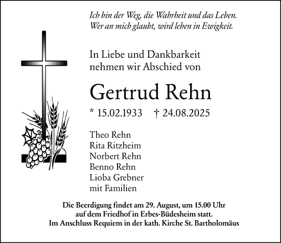 Traueranzeige von Gertrud Rehn von Allgemeine Zeitung Alzey