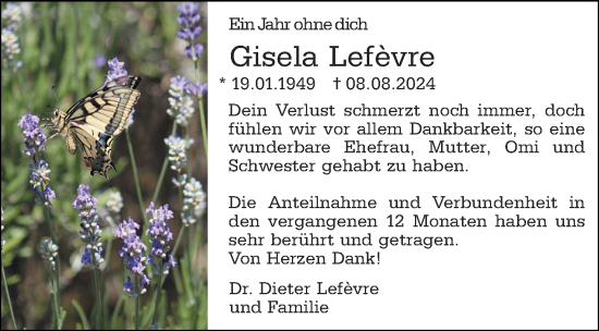 Traueranzeige von Gisela Lefevre von Wetzlarer Neue Zeitung