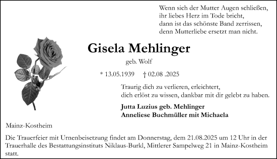 Traueranzeige von Gisela Mehlinger von Allgemeine Zeitung Mainz