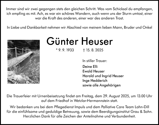 Traueranzeige von Günter Heuser von Wetzlarer Neue Zeitung