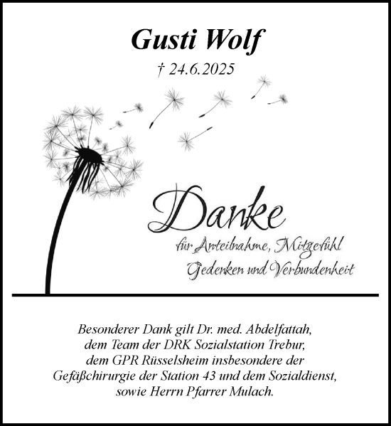 Traueranzeige von Gusti Wolf von Rüsselsheimer Echo