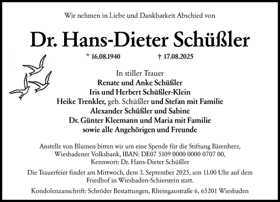 Traueranzeige von Hans-Dieter Schüßler von Wiesbadener Kurier