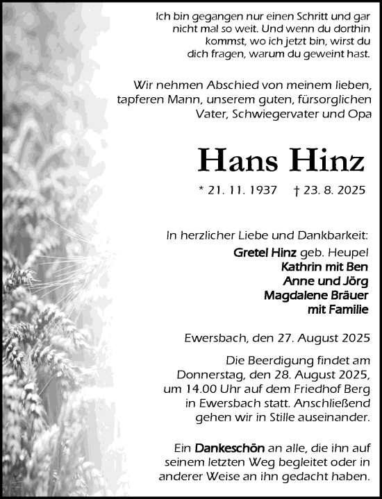 Traueranzeige von Hans Hinz von Dill Block