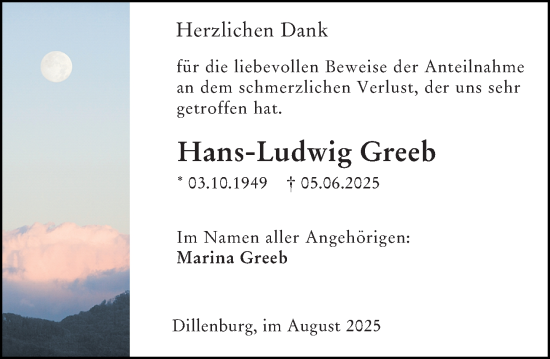Traueranzeige von Hans-Ludwig Greeb von Dill Block