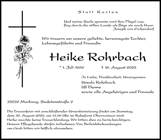Traueranzeige von Heike Rohrbach von Hinterländer Anzeiger