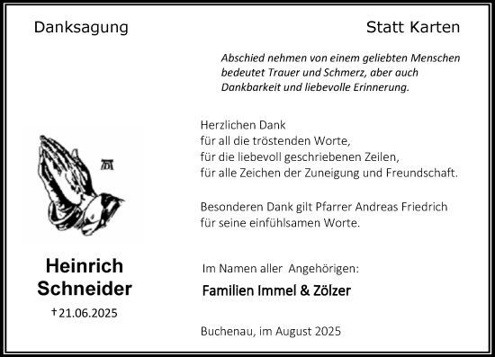 Traueranzeige von Heinrich Schneider von Hinterländer Anzeiger