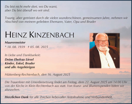 Traueranzeige von Heinz Kinzenbach von Wetzlarer Neue Zeitung