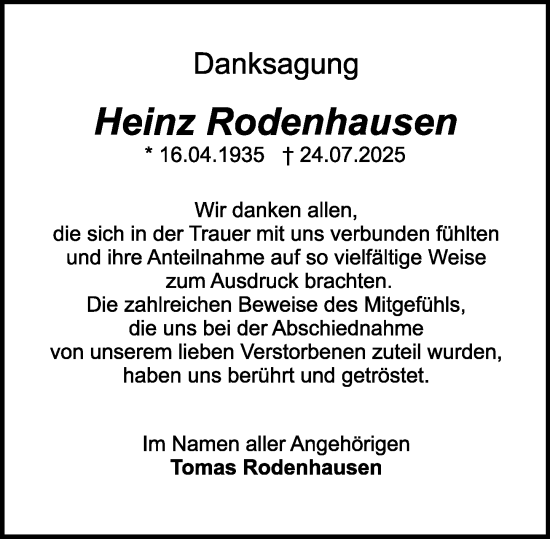 Traueranzeige von Heinz Rodenhausen von Odenwälder Echo