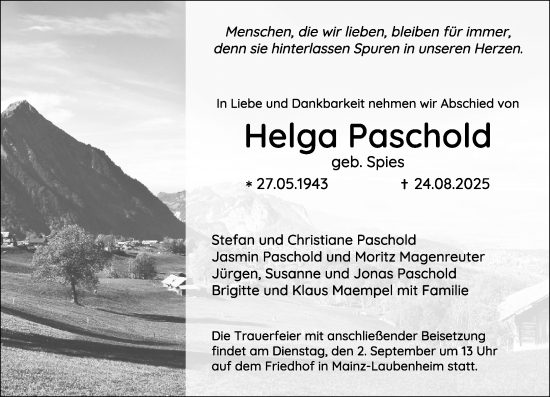 Traueranzeige von Helga Paschold von Allgemeine Zeitung Mainz