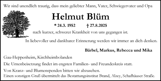 Traueranzeige von Helmut Blüm von Allgemeine Zeitung Alzey
