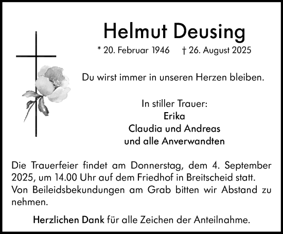 Traueranzeige von Helmut Deusing von Dill Block