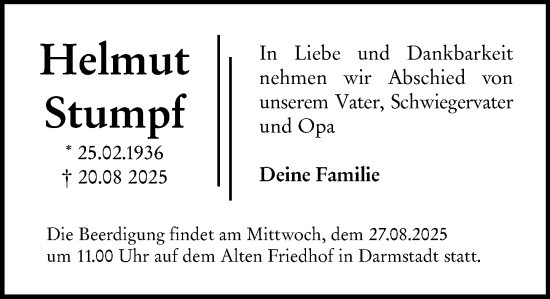 Traueranzeige von Helmut Stumpf von Darmstädter Echo