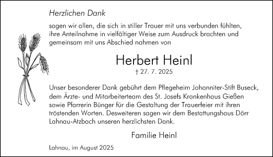 Traueranzeige von Herbert Heinl von Wetzlarer Neue Zeitung