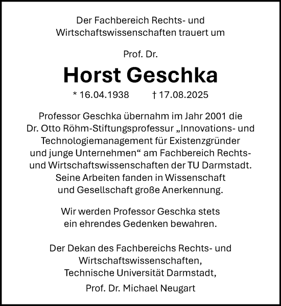 Traueranzeige von Horst Geschka von Darmstädter Echo