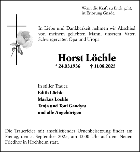Traueranzeige von Horst Löchle von Hochheimer Zeitung