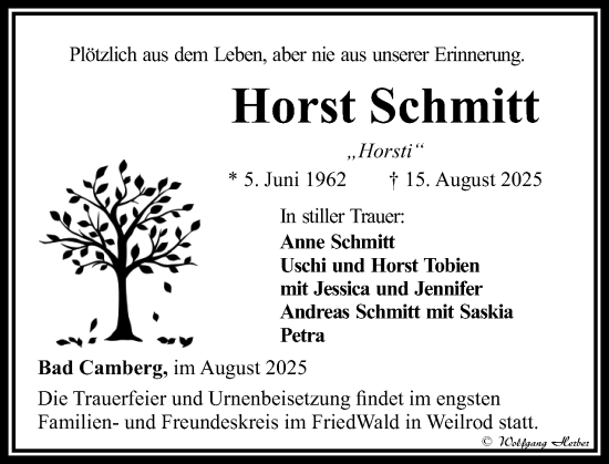 Traueranzeige von Horst Schmitt von Camberger Anzeiger