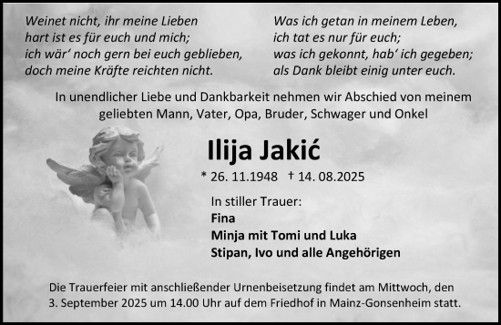 Traueranzeige von Ilija Jakic von Allgemeine Zeitung Mainz