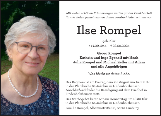 Traueranzeige von Ilse Rompel von Nassauische Neue Presse