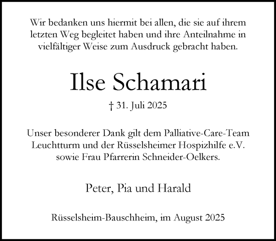 Traueranzeige von Ilse Schamari von Rüsselsheimer Echo