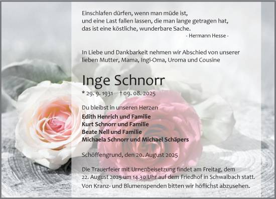 Traueranzeige von Inge Schnorr von Wetzlarer Neue Zeitung