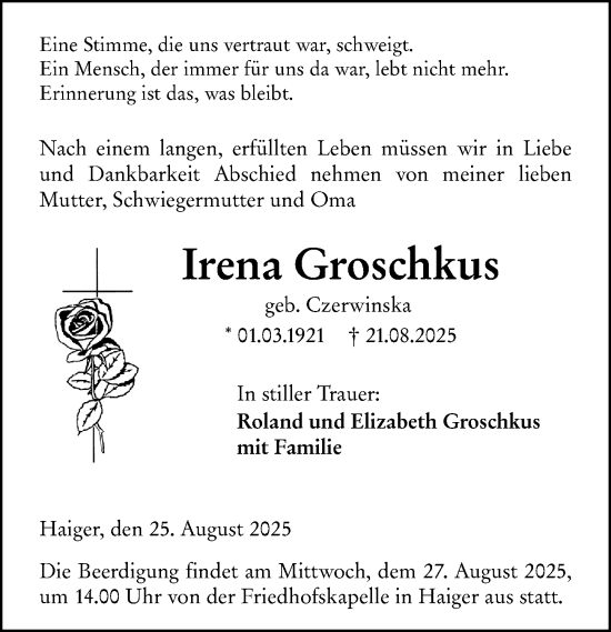 Traueranzeige von Irena Groschkus von Dill Block