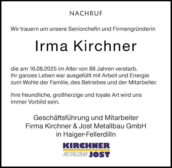 Traueranzeige von Irma Kirchner von Dill Block