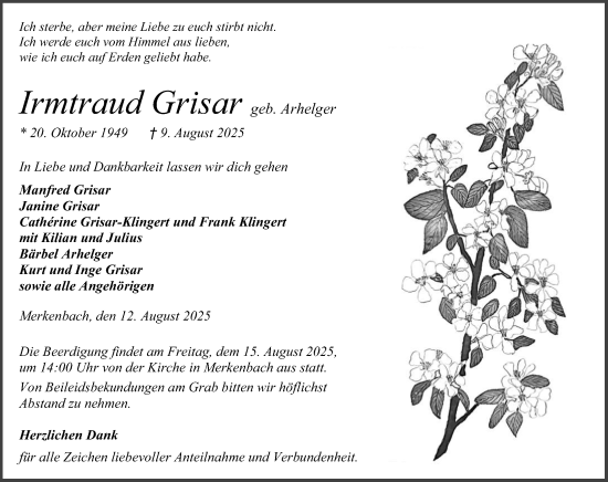 Traueranzeige von Irmtraud Grisar von Dill Block