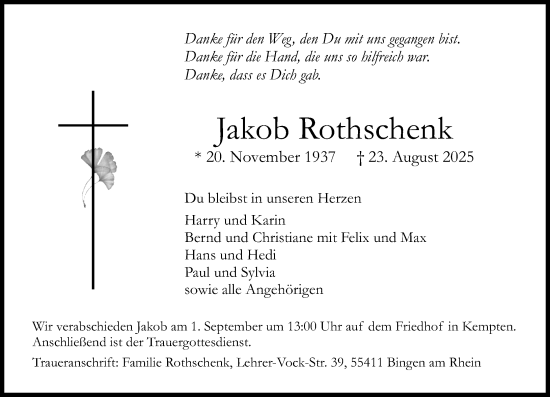 Traueranzeige von Jakob Rothschenk von Binger-/Ingelheimer Wochenblatt
