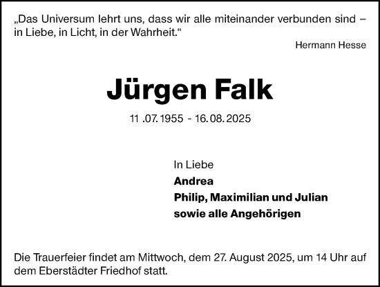 Traueranzeige von Jürgen Falk von Darmstädter Echo
