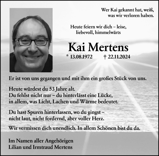 Traueranzeige von Kai Mertens von Allgemeine Zeitung Alzey