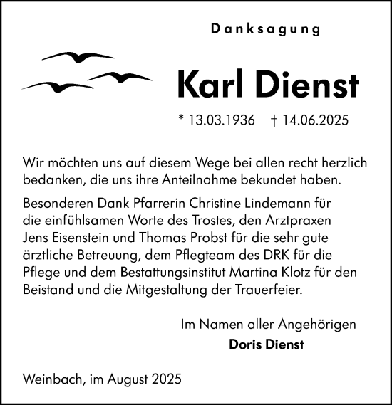 Traueranzeige von Karl Dienst von Weilburger Tageblatt